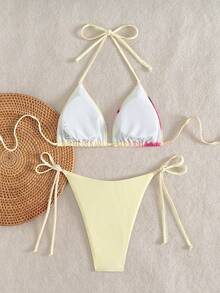 Women Floral Print Tie Front Triangle Top And Side Tie Triangle Bottom Bikini Set, Summer