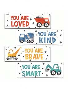 4 件 - 工程车装饰儿童房墙壁装饰木制标志 - 适用于儿童房、幼儿园、游戏室、教室的励志墙壁艺术，激励卡车墙壁艺术海报适用于儿童房、幼儿房、游戏室、卧室、儿童房装饰，适用于儿童房装饰，卧室装饰，儿童墙壁装饰，房间装饰，房间装饰 - 彩色 - 查看 1