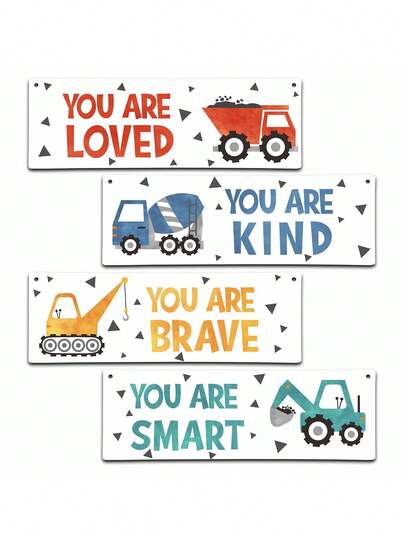 4 Pieces - Construction Vehicle Decoration Kids Room Wall Decor Wooden Signs - Inspirational Wall Art For Kids Room Nursery Playroom Classroom, Motivational Truck Wall Art Posters Suitable For Kids Toddler Room Playroom Bedroom Nursery Decor For Nursery Decor, Suitable For Nursery Decor, Bed Room Decor, Kids Wall Decor, Room Decor, Room Decoration