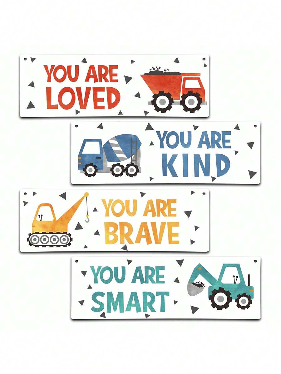 4 件 - 工程车装饰儿童房墙壁装饰木制标志 - 适用于儿童房、幼儿园、游戏室、教室的励志墙壁艺术，激励卡车墙壁艺术海报适用于儿童房、幼儿房、游戏室、卧室、儿童房装饰，适用于儿童房装饰，卧室装饰，儿童墙壁装饰，房间装饰，房间装饰 - 彩色 - 查看 1