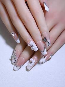10 móng giả dáng dài vừa, chạm khắc hoa 3D thủ công 100%, màu trắng và màu mơ, kiểu Pháp, đính đá lấp lấp và hình bướm, móng giả tái sử dụng, sản phẩm làm móng nghệ thuật dành cho phụ nữ và bé gái. - Màu be - Xem 3