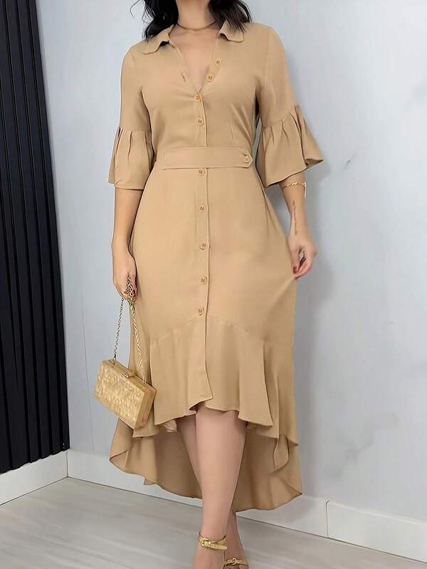 Vestido de mujer de unicolor, elegante y casual, con tejido de tela tejida, decorado con botones, dobladillo con volantes o plisado, adecuado para vacaciones y uso diario en todo el mundo