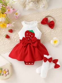 Set de 3 piezas Enterizo suave y cómodo, elegante, dulce y lindo para bebé niña con bordado de fresa, decoración de moño y volantes en el bajo, incluye calcetines y diadema, adecuado para recién nacida, vestido de bebé niña, vestido de fiesta para bebé, ropa de niña, ropa de bebé, apto para uso diario, vacaciones, fiestas y sesiones de fotos - Multicolor - Ver 10