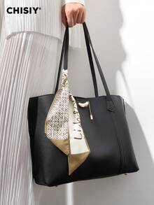 CHISIY Original Handmade Solid Color Golden Bean Letter Plaid Scarf, Contrast Color Synthetic Leather Tote Bag, Elegant Business Large Capacity Women Commuter Bag, Casual Simple Lady Underarm Bag, Fashion Lady Shoulder Bag, Gift For Valentine's Day, New Year, Suitable For Office Lady, Business Woman, College Student, Dating, Shopping, Travel, All Season