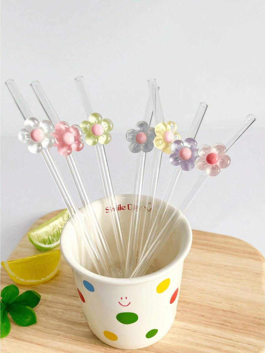 1/4/7 根花朵装饰玻璃吸管，适合饮用果汁、奶茶、咖啡、冷饮，弯曲吸管设计，学校用品，返校礼物，送给女朋友、男朋友、父母、朋友