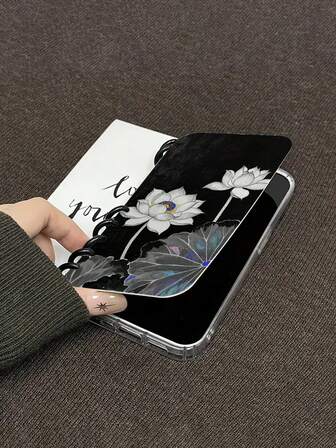 Funda protectora de teléfono con diseño de loto en blanco y negro, cuaderno de tapa abatible con una sola página, pintura colorida simple, resistente a golpes, impresión gruesa, apta para iPhone 16/16 Pro Max/15 Pro Max/12 Pro Max/13 Pro Max/14 Pro Max 13 14 11 12 P14 P11 P12 Pro, carcasa blanda anti-caídas