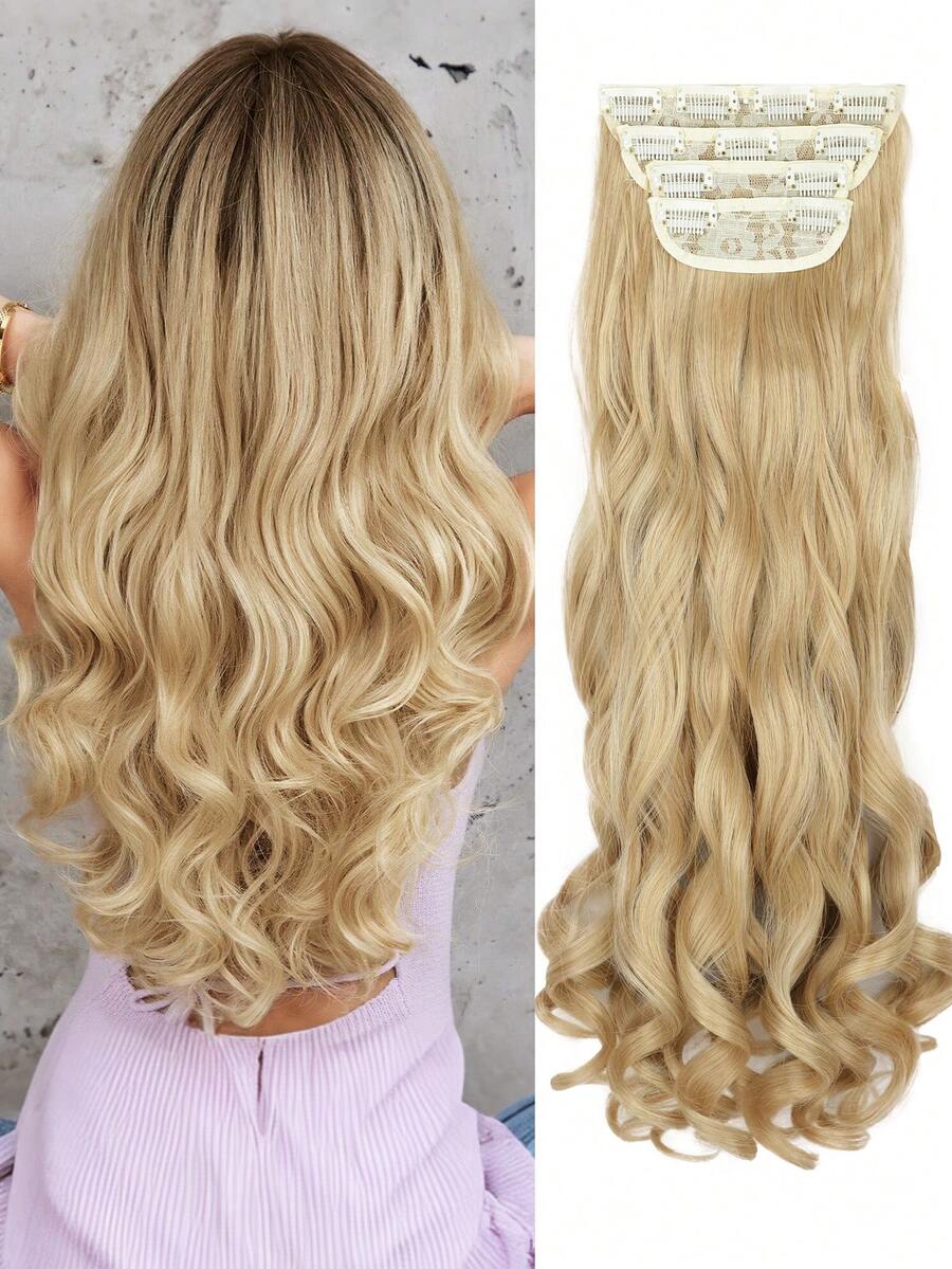 Clip In Hair Extensions, 20 Inch Long Wavy 4PCS Hair Extensions Natural Soft Synthetic Fiber High Temperature Heat Resistance Clip In Hairpieces For Women Weddings Party Daily Use - Gold - View 1