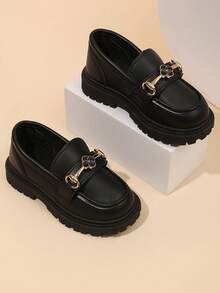 1 Pair Plus Size Girls Black Matte Flat Loafers With Lucky Clover Decoration, Round Toe Non-Slip Thick Lining, Fashion Princess Casual Shoes Suitable For 3-15 Years Old Students, Spring/Autumn - View 8