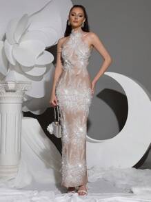 Vestido ajustado de alta calidad de halter sin mangas con cuentas y lentejuelas, vestido formal elegante para mujeres para banquetes, fiestas, vacaciones, eventos de noche, invitada de boda
