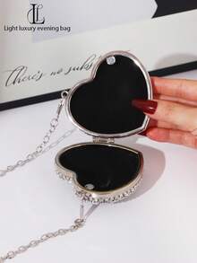 Sparkling Vintage Crystal Studded Mini Heart Shaped Makeup Bag, Elegant Lady Clutch Purse, Shoulder Bag, Coin Purse, Chain Bag, Handbag, Suitable For Outfit Matching, Wedding, Party, Prom, Birthday Gift, Holiday - Silver - View 7