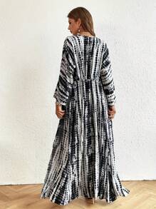 Women's Elegant Maxi Striped Printed Robe With Tie-Front Bow Waist Belt, Sexy Bikini Cover Up, Leisure Beach Dress, Tie-Dyed Vacation Robe