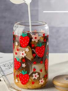 4pcs/1pc Strawberry Floral Print Glass Cup With Lid & Straw, 16oz Jar Shaped Water Tumbler, Iced Coffee Cup, Suitable For Tea, Juice, Milk, Birthday Gift, Drinkware, Reusable - Multicolor - View 3