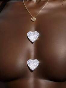 2 Peças Conjunto Elegante e Luxuoso Adesivo de Strass em Formato de Coração Para Umbigo, Cobertura de Mamilo Sexy de Strass, Joia de Decote, Adequado Para Encontros