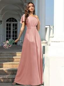 Volly Toych Baby Pink Chiffon Bridesmaid Dress, Round Neck Ruffle Sleeve Pleated Ruffle Hem Long Design - Dusty Pink - View 6