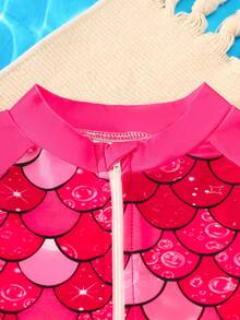 女孩美人鱼鳞片印花连体泳衣，长袖，前拉链 - 高弹力快干面料 - 适合泳池和海滩度假 - 紅色 - 查看 4