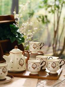 原创赫拉陶瓷兔子茶壶套装，居家客厅下午茶厨具套装，女士下午茶杯碟套装配木托盘，适合招待客人/派对/家庭聚餐，家居装饰返校