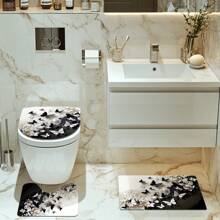 1/2/3/4 Stücke 3D Schwarz & Weiß Schmetterling Blumen Thema Badezimmer Duschvorhang Sets, 12 Haken, Badematte, U-förmiger Toilettendeckel, wasserdichter Duschvorhang, Badezimmerdekoration, moderner Fenstervorhang, ohne Bohren, Polyester, maschinenwaschbar, Herbstdekoration Badezimmer Accessoires Rückkehr zur Schule