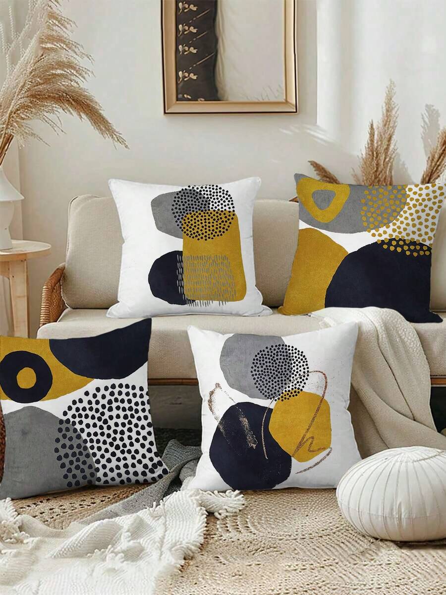 4 件套波西米亚风芥末黄和灰色抽象艺术抱枕套 - 18x18/16x16/20x20 英寸，几何简约装饰，融合中世纪和现代美学 - 柔软，可机洗，适用于沙发和家居装饰（不含枕芯）