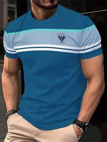 Herren Lässig Rundhals T-Shirt - marineblau gestreift, Polyestermischung, 3D Digitaldruck, Kurzarm, Regular Fit, leichte Strickware, geeignet für den Alltag und Wochenenden - Verschiedenfarbig - Übersicht 3