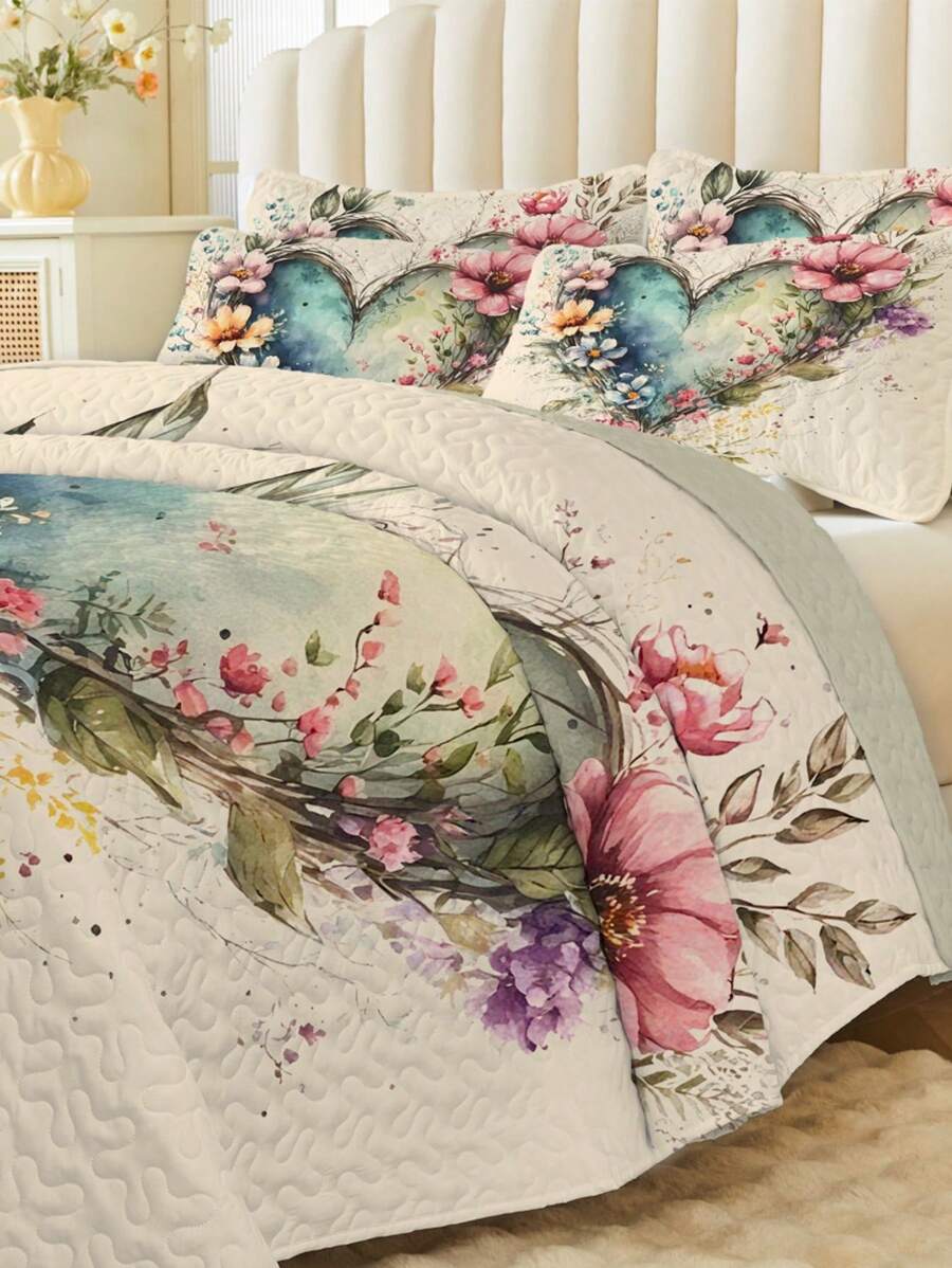 2/3 Stücke Bettwäsche-Set (1 Stück Tagesdecke + 1/2 Stücke Kissenbezug), digitaler Herz- und Blume Muster, weich und bequem, modisch und frisch, geeignet für Hotel, Schlafzimmer, Studentenwohnheim, ganzjährig