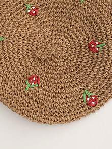 1pc Sweet Cute Little Strawberry Woven Beret Hat, Versatile Summer Beach Vacation Street Snap Cloud Painter Cap, Breathable Straw Beret For Women, Spring/Summer, Artistic Versatile Straw Hat - White - View 9