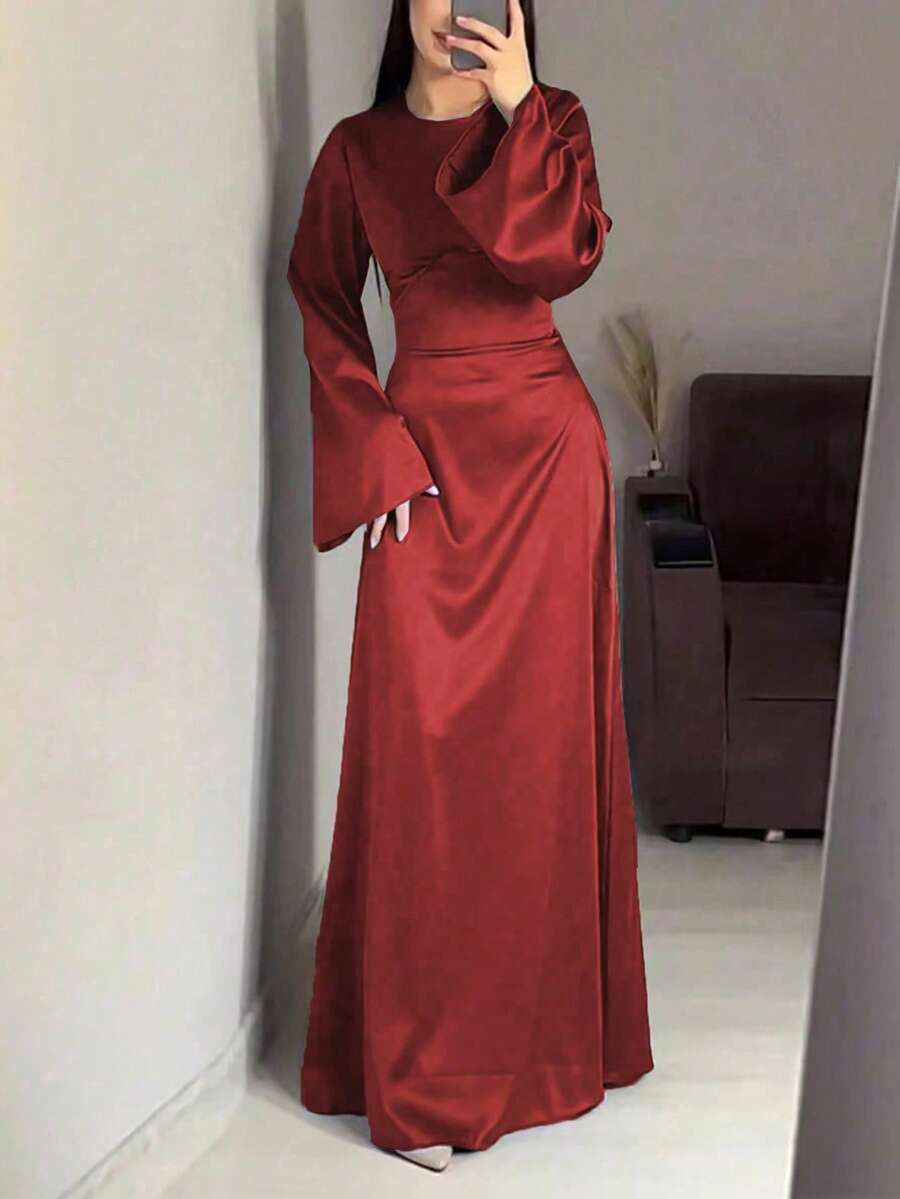 Women Solid Color Satin Round Neck Long Sleeve Dress - Red - View 1