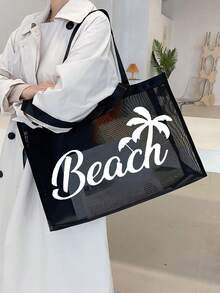 Large Capacity Net Bag Set, "Beach" Pattern Printed Net Bag, Mesh Beach Tote Bag, Mesh Cosmetic Bag, Foldable Large Capacity Swimming Beach Bag, Waterproof And Sandproof, Letter Decor Mesh Beach Tote Bag, Personalized Gift Bag, Mother's Day Gift For Girlfriend, Wife, Mother, Summer - Black - View 3