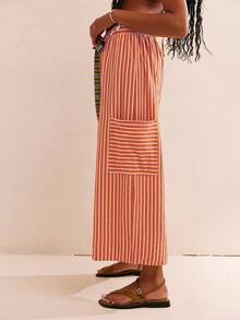 Women's Drawstring Striped Trousers Loose Wide Leg Casual Trousers Casual Paraiso Trousers With Pockets Trousers - 橘色 - 查看 4