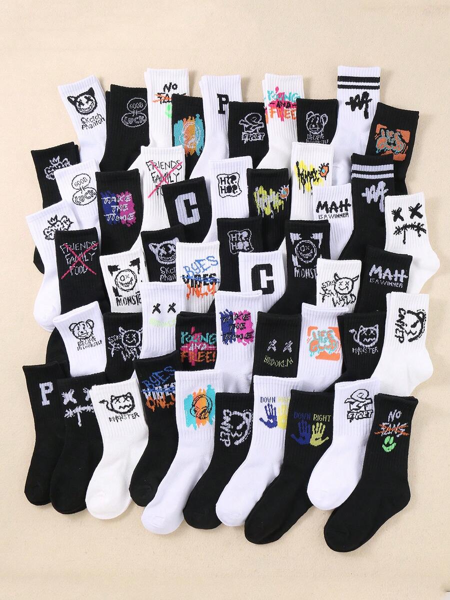 20 pares de calcetines casuales para niños, diseños aleatorios de arte callejero y letras, unisex, base negra y blanca, transpirables para uso diario, calcetines urbanos para niños, estilos de graffiti surtidos - Multicolor - Ver 1