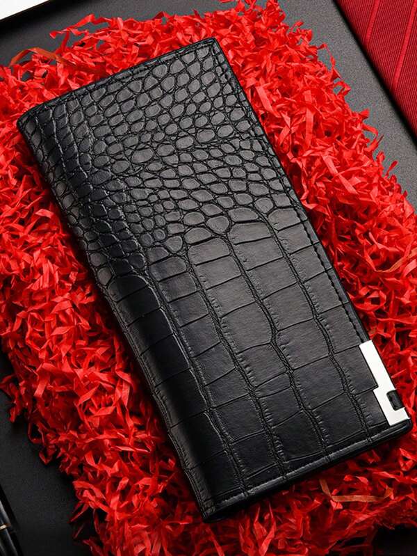 Crocodile Grain Men's Long Wallet, Thin Bifold Purse With Multiple Card Slots, PU Leather Clutch Bag Suitable For Both Men And Women