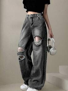 Asymmetrical Distressed High Waist Casual Versatile Jeans