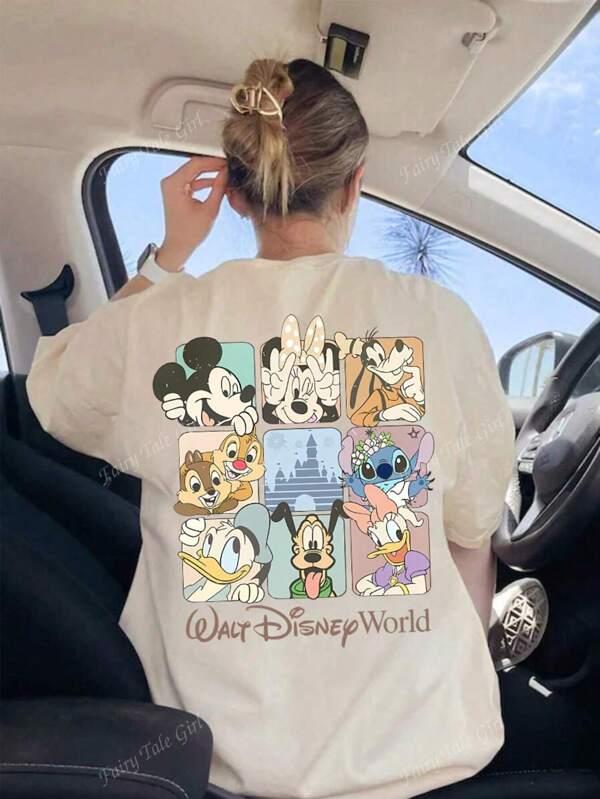 Disney Camiseta de verano de manga corta con cuello redondo, de estilo casual y sencillo, con estampado de dibujos animados del Club de Mickey Mouse de Disney, en color blanco, diseño lindo y en colaboración con Disney