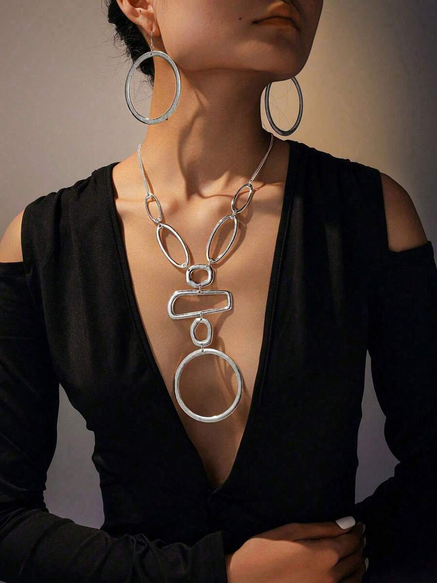 1 件时尚优雅几何空心圆形和矩形拼接长项链，适合派对礼服的金属风格珠宝；1 套不对称螺旋形嵌入式椭圆形黑色亚克力半件拼接 Y 形吊坠项链和耳环套装，适用于日常、节日、派对、海滩 - 銀色 - 查看 1