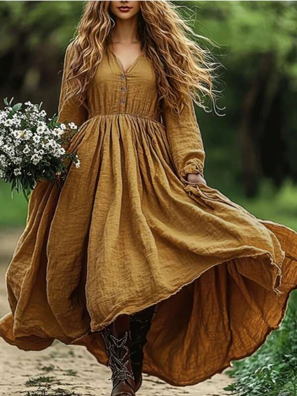 Elegant Women's Bohemian Linen Blend Maxi Dress - Casual V-Neck Long Sleeve, Solid Color With Pockets, Machine Washable, Suitable For All Seasons, Maxi Dress V-Neck Dress Woven Texture