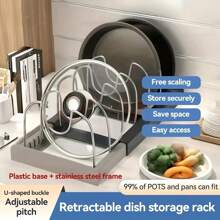 1 Retractable PP+Stainless Steel Pot Lid Holder, Free Up Kitchen Space, Equipped With 7/10 Dividers, Multifunctional Kitchen Storage Tool, Convenient For Storing Pots And Tableware, Suitable For Pot Lids And Plates, Waterproof Stainless Steel Drain Rack, Kitchen Countertops, Cabinets And Shelves, Kitchen Accessories, Restaurant Use