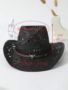 1pc Unisex Cattle Head Decor Cowboy Hat Hollow Out Printed Cowgirl Hat Wide Brim Handmade Casual Sun Hat Spring Summer Travel Shade Beach Hat Straw Hat - 黑色 - 查看 4