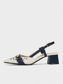 Women's Pointed Toe Slingback High Heel Mule Shoes With Chain Decor, Retro Floral Pattern Design, Fashionable & Comfortable, Suitable For Work, Party, Holiday Events, Suitable For Spring, Summer, Autumn, Winter, Navy Blue, Elegant, Women Pumps - Navy Blue - View 7