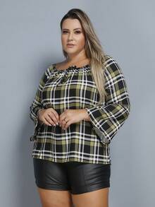 Women's Plaid Shirt Plus Size  Blouse Long Sleeve GG G1 G2 G3 - Verde novo - 查看 2