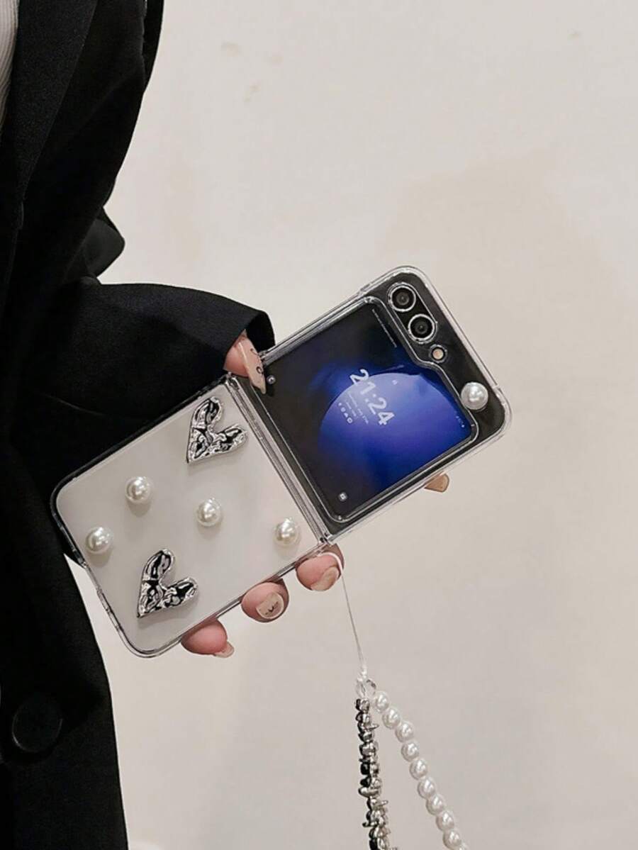 1 件心形珍珠手链和可折叠手机壳，适用于三星 Galaxy Z Flip 5、Galaxy Z Flip 4/3、Galaxy Z Flip 6 可折叠手机壳、透明 Galaxy Z Flip7 带挂绳，简约时尚