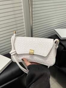 Bolsa de ombro ajustável com fecho flip, estampa assimétrica, cor sólida, moderna, com padrão trançado assimétrico, adequada para compras, carteiras, compras, mulheres jovens, estudantes universitários, recém-chegados e trabalhadores de colarinho branco. São ideais para escritórios, universidades, trabalho, negócios, deslocamento diário, atividades ao ar livre, viagens e passeios. - Branco - Ver 5