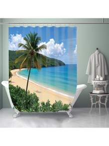 1pc/4pcs Tropical Seaside Beach Coconut Tree Printed Multifunctional Bathroom Decor Set, Includes Shower Curtain 12 Hooks, Anti-Slip Mat, U-Shaped Mat & Round Toilet Cover, For Whole Bathroom Back To School