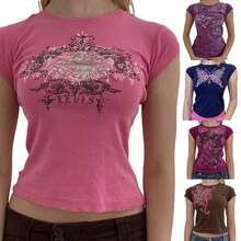 Women Teen Girl Y2k Top Clothes Cute Graphic Print Brown Crop Top Tee T-Shirt E Girl Clothing Aesthetic - 棕色 - 查看 3