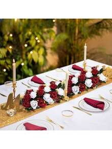 1pc Artificial Flowers Wedding Centerpieces Decorations Fake Flowers Blue & Cream Red Silk Floral Arrangement Dinning Table Runner Center Piece, Rose Flower Room Reception Table Decor - 酒紅色 - 查看 1