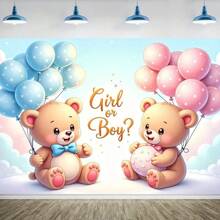 1 Piece, Background Gender Revealing Wall Decoration Banner, Party Banner With Pink And Blue Teddy Bears, Balloons, And Sparkling Cloud Design, Used For Photo Booth Background And Indoor/Outdoor Event Party Supplies Decoration