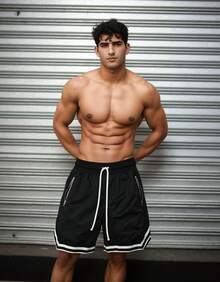 Pantalones cortos casuales para hombre con bolsillo con cremallera y diseño con cordón, moda, sueltos, cómodos - Negro - Ver 2