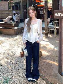 年轻女孩复古硬币印花白色针织开衫和吊带背心两件套，适合春季 - 白色 - 查看 6