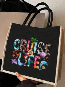 Set de geantă și pungă din in cu tematică de croazieră, imprimeu cu copac de cocos, scoică, delfin, stea de mare, Cruise Life, geantă și geantă cosmetică, pungă pliabilă ușoară, element esențial pentru plajă, geantă de vară pentru femei, geantă de cumpărături din in de mare capacitate