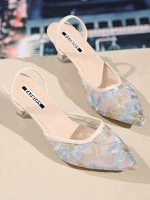 Neo-Chinese Style White High Heel Mules, Pointed Toe, Lace Embroidery, Convertible Sandals For Women, Elegant, Women Pumps, Elegant, Kitten Heels,Summer Outfits - Blue - View 2