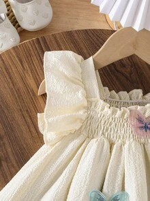 女婴可爱甜美 3D 蝴蝶印花盖袖连衣裙，休闲日常户外夏季 - 杏色 - 查看 4