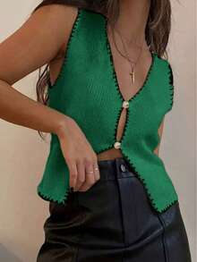 Women Spring/Summer Women Lightweight Sweater Vest Casual Contrast Trim Sleeveless Open Button Knitted Sweater Vest, Y2K, Daily, Commuting, Shopping, Beach, Leisure And Simple, Music Festival, Outdoor Pool Party, Street/4th Of July/Graduation - Dark Green - View 1